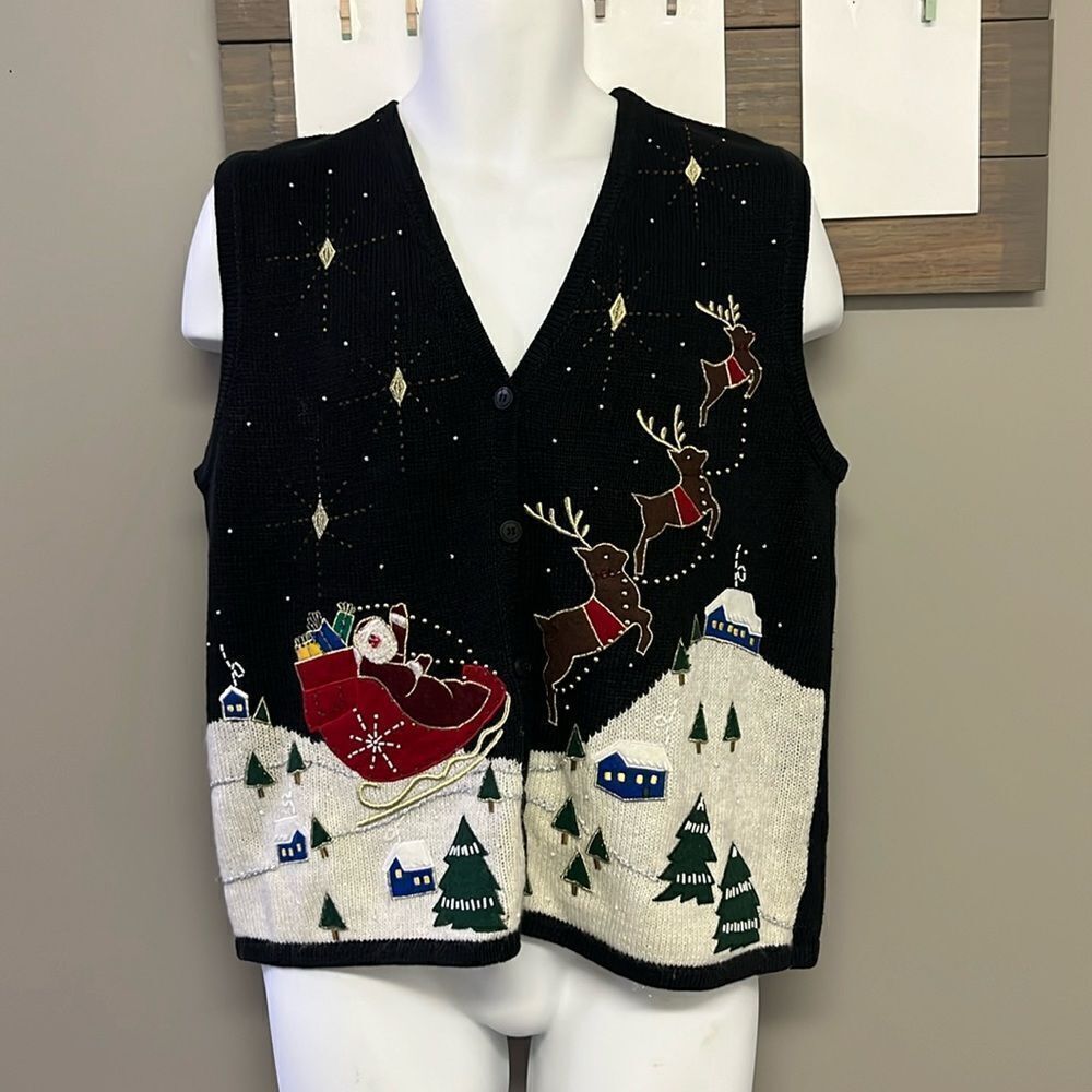 Bobbie Brooks Women’s V-neck Christmas Beading Embroidery Sleeveless Vest-L